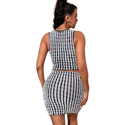 YESFASHION Round Neck Slim Vest High Waist Bag Hip Tight Skirt Suit