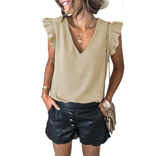 YESFASHION Solid Color V-neck Pullover Ruffled Sleeve Tops