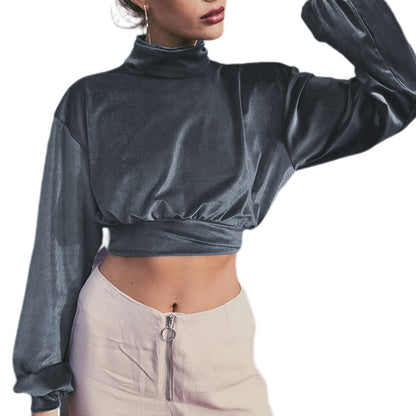 YESFASHION Women Fashion Turtleneck Velvet Cropped Sweatshirts
