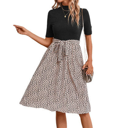 YESFASHION Women Clothing Leopard Print Short-sleeved Dress