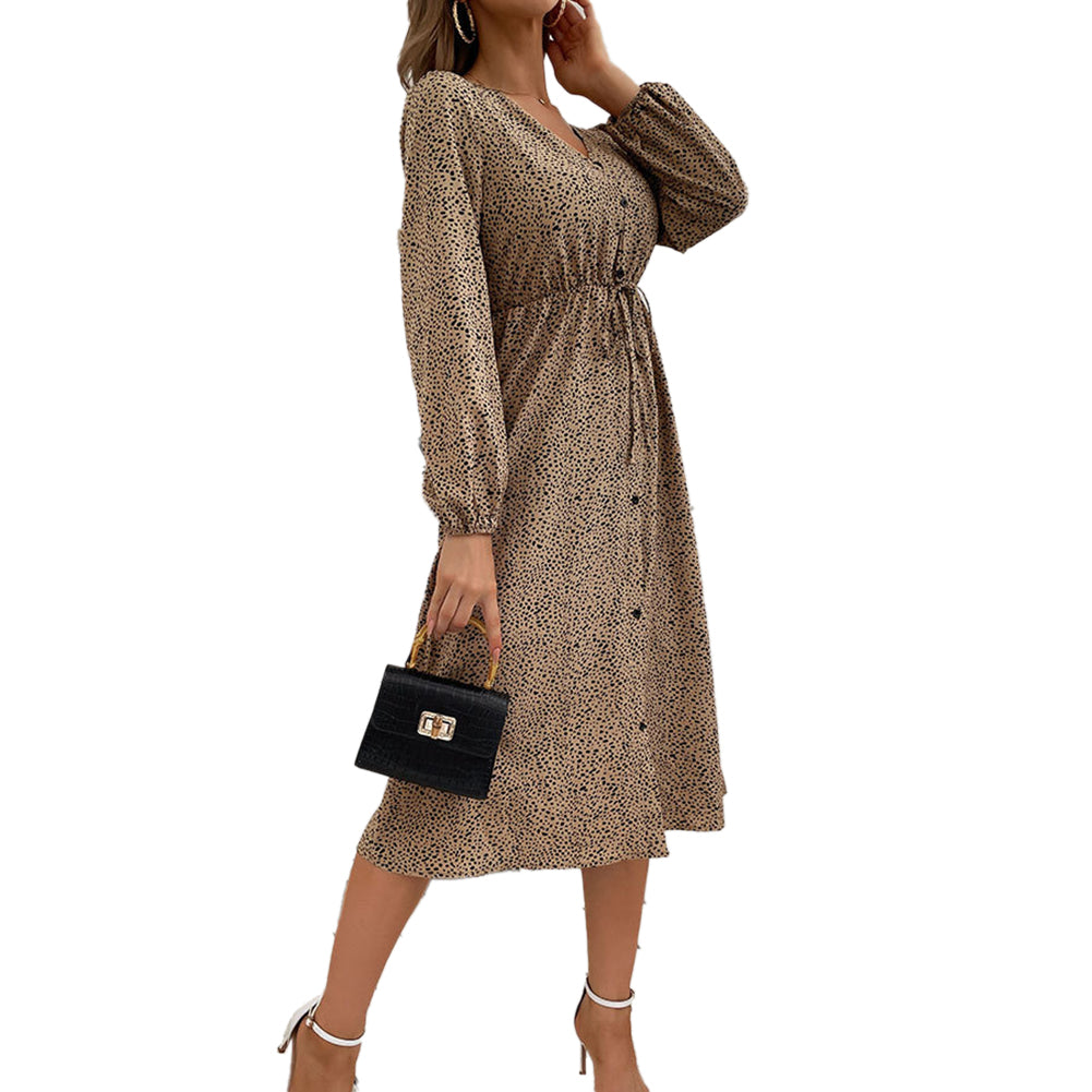 YESFASHION 2023 Spring Women V-neck Single-breasted Waist Dress