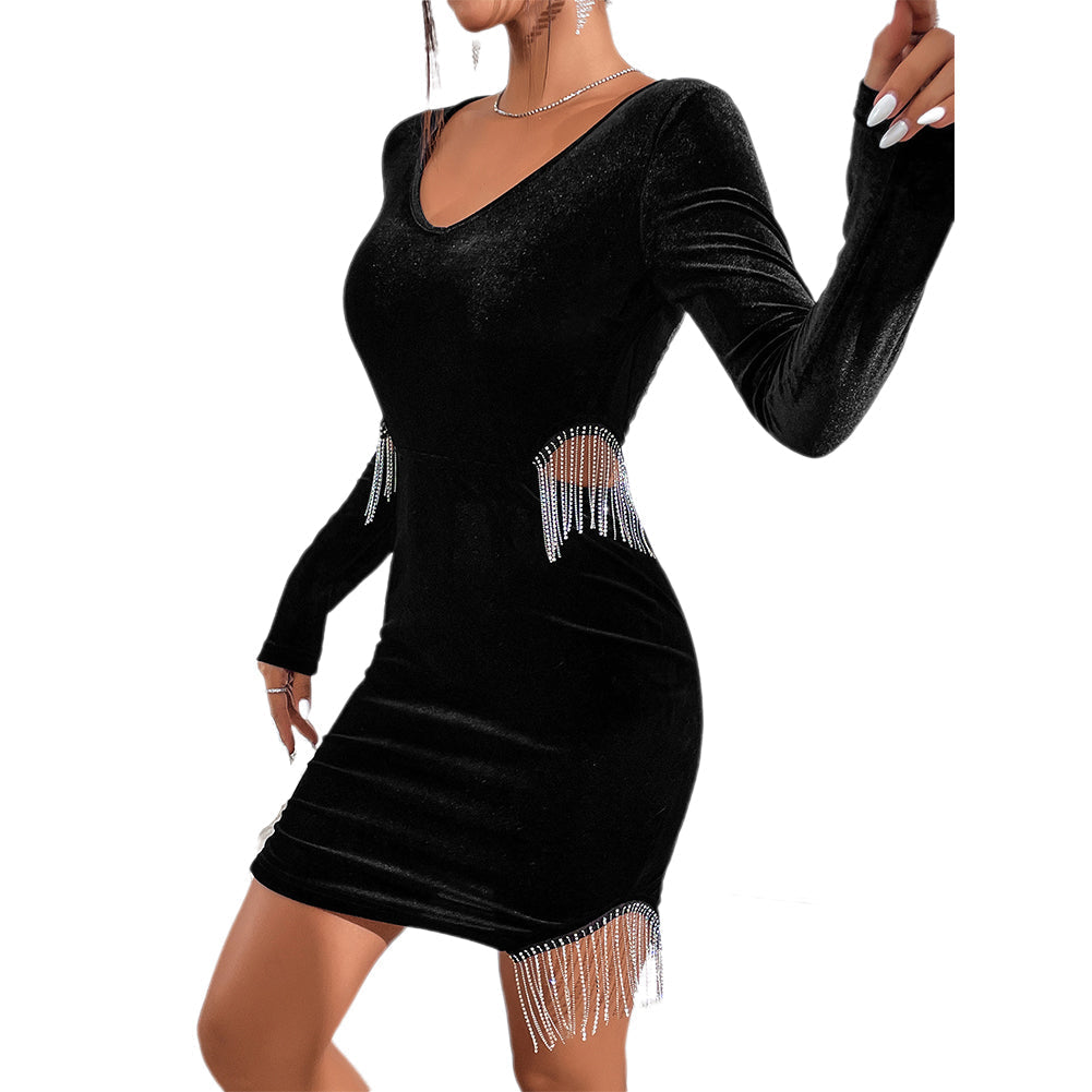 YESFASHION Temperament Pendant Tassel Irregular Dress Black