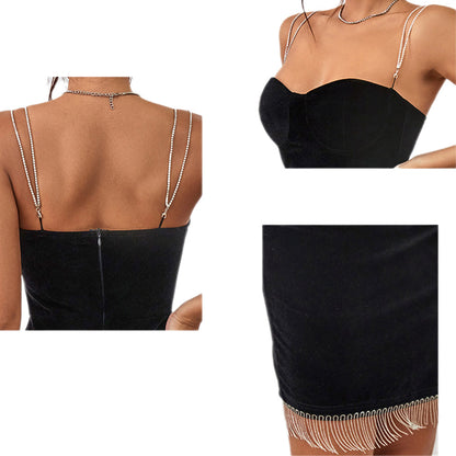 YESFASHION Suspenders With Fringe Party Dress