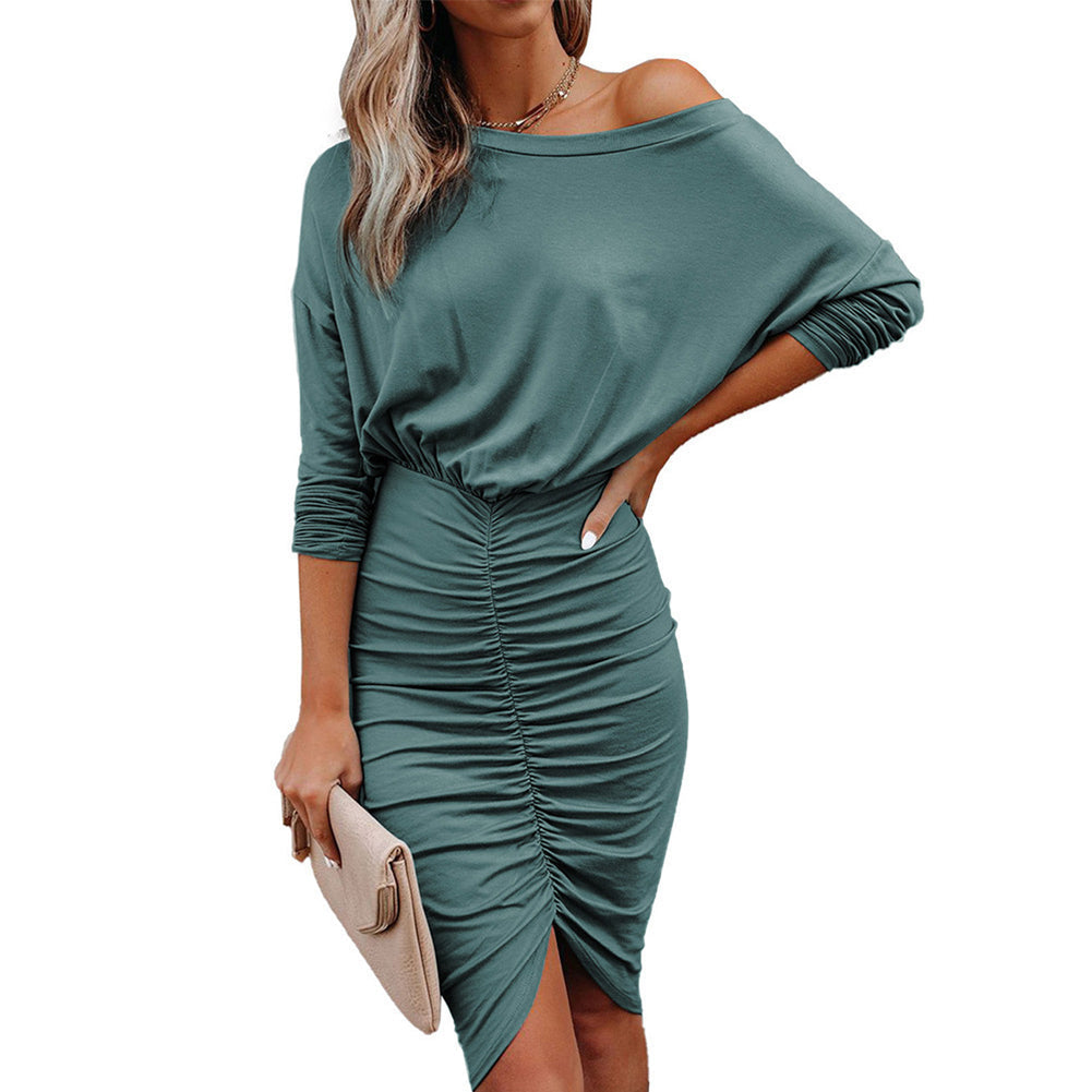YESFASHION Sexy Slanted Shoulder Slim Fit Wrinkled Hip Dress