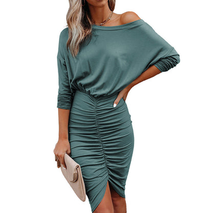 YESFASHION Sexy Slanted Shoulder Slim Fit Wrinkled Hip Dress