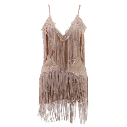 YESFASHION Tassel Embroidery Sequins Sexy Backless Deep V-neck Dress