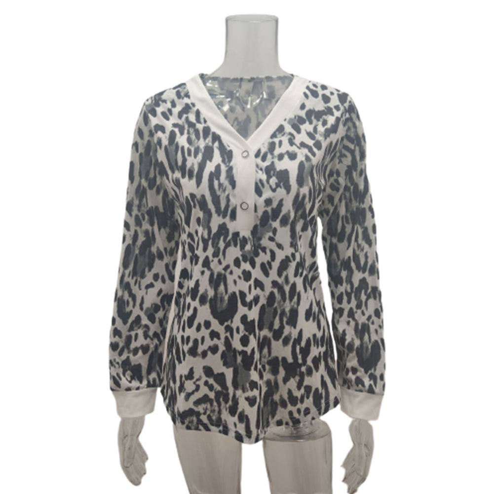 YESFASHION V-neck Button Print Stitching Long-sleeved T-shirt Tops