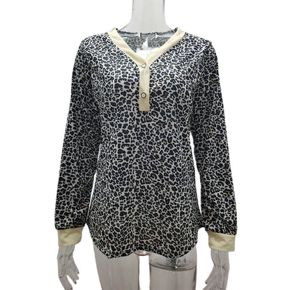 YESFASHION V-neck Button Print Stitching Long-sleeved T-shirt Tops