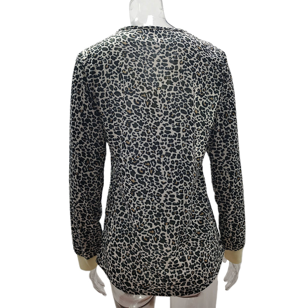 YESFASHION V-neck Button Print Stitching Long-sleeved T-shirt Tops