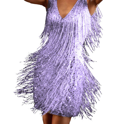 YESFASHION Sexy Deep V Sleeveless Pencil Skirt Fringed Skirt