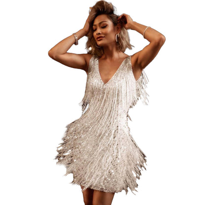 YESFASHION Sexy Deep V Sleeveless Pencil Skirt Fringed Skirt