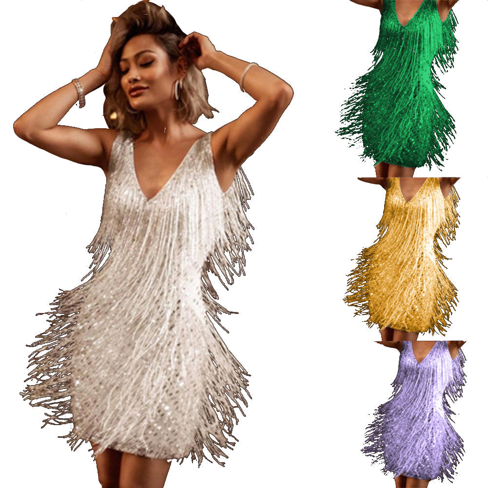 YESFASHION Sexy Deep V Sleeveless Pencil Skirt Fringed Skirt