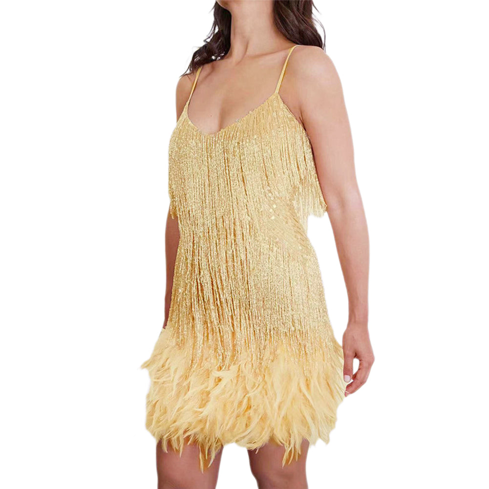 YESFASHION Fringed Feather Sexy V-neck Suspender Dress