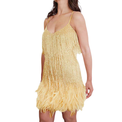 YESFASHION Fringed Feather Sexy V-neck Suspender Dress