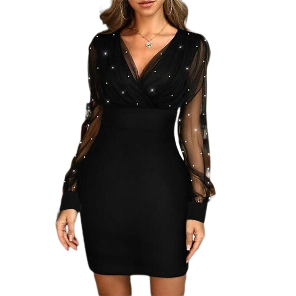 YESFASHION New Mesh Splicing Shiny Beads Gown Slim Dress