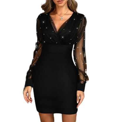 YESFASHION New Mesh Splicing Shiny Beads Gown Slim Dress