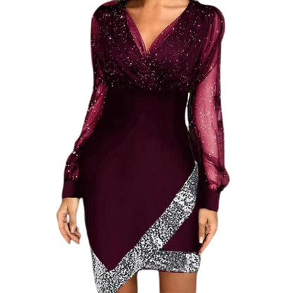 YESFASHION Mesh Sequin Splicing Character Dress