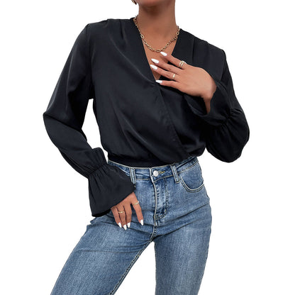 YESFASHION Women Spring New Black Long-sleeved Tight Tops