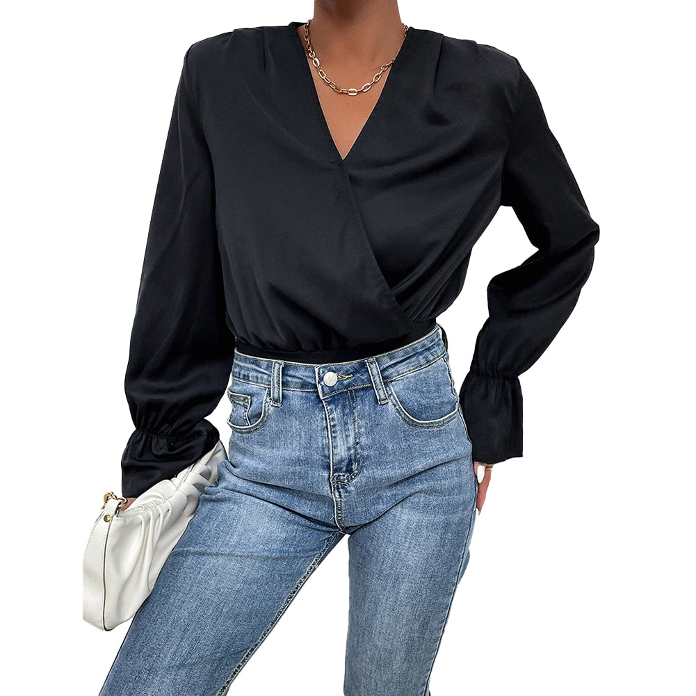 YESFASHION Women Spring New Black Long-sleeved Tight Tops