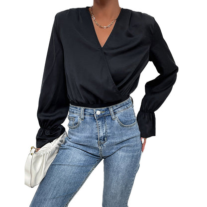 YESFASHION Women Spring New Black Long-sleeved Tight Tops