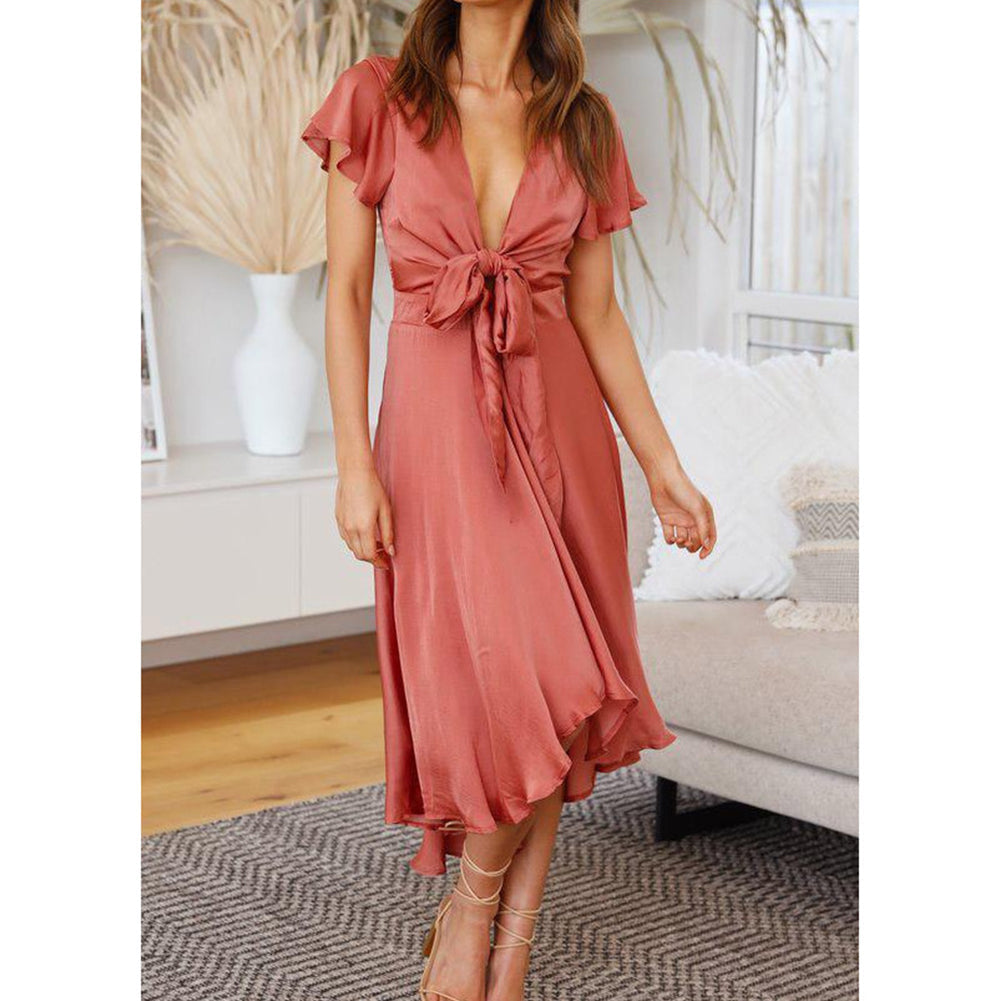 YESFASHION Women Short-sleeved V-neck Irregular Skirt Dress