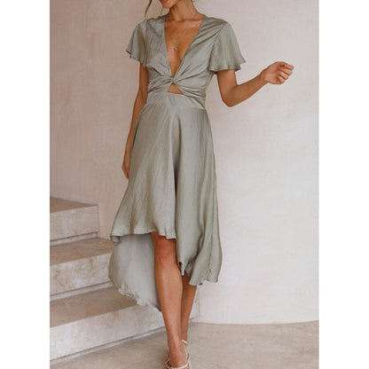 YESFASHION Women Short-sleeved V-neck Irregular Skirt Dress