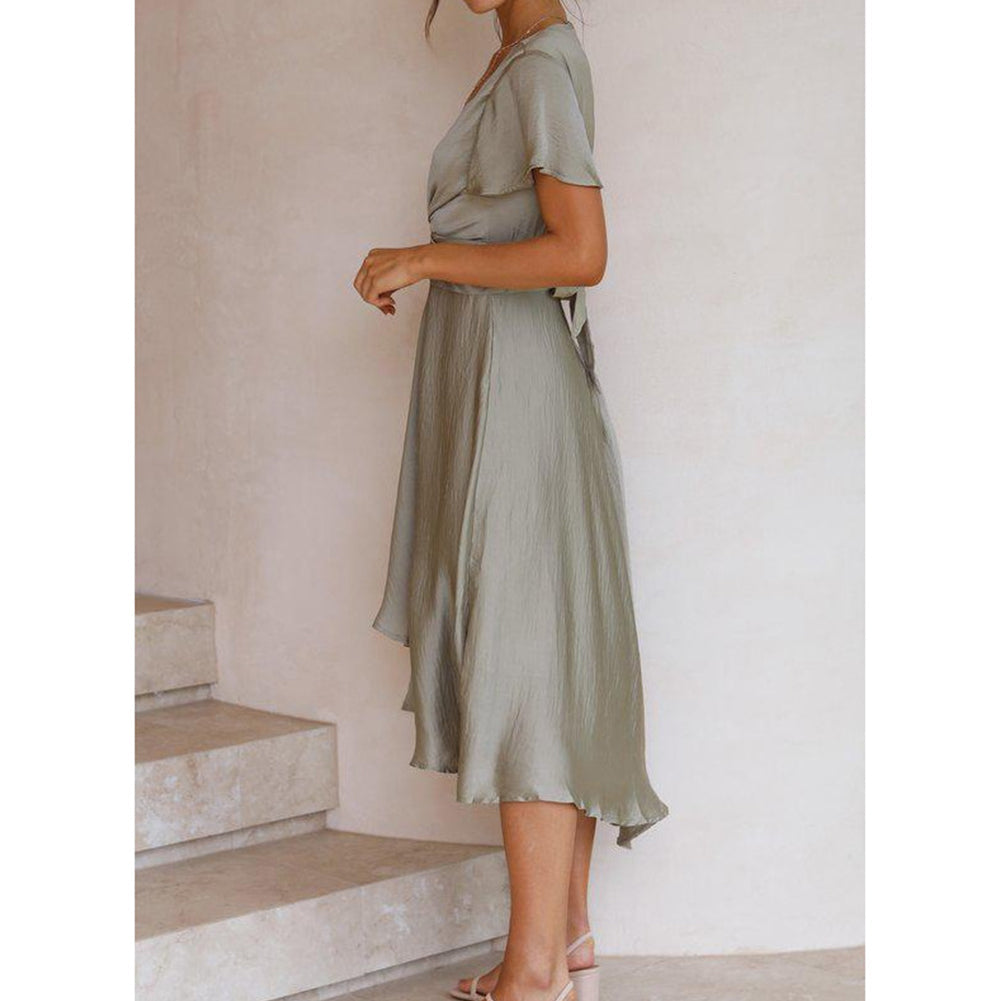 YESFASHION Women Short-sleeved V-neck Irregular Skirt Dress