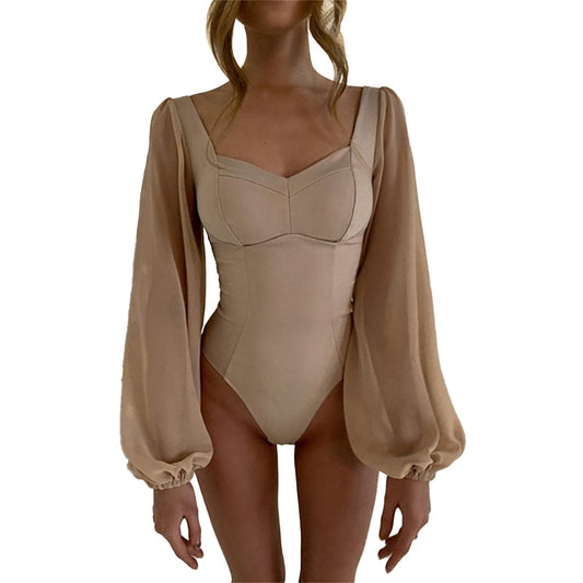 YESFASHION Women Slim Fit Bodysuit Square Neck Shirt Fashion Sexy Backless Tops