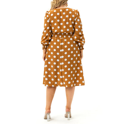 YESFASHION Women Long-sleeved Round Neck Waist Fit Polka-dot Dres