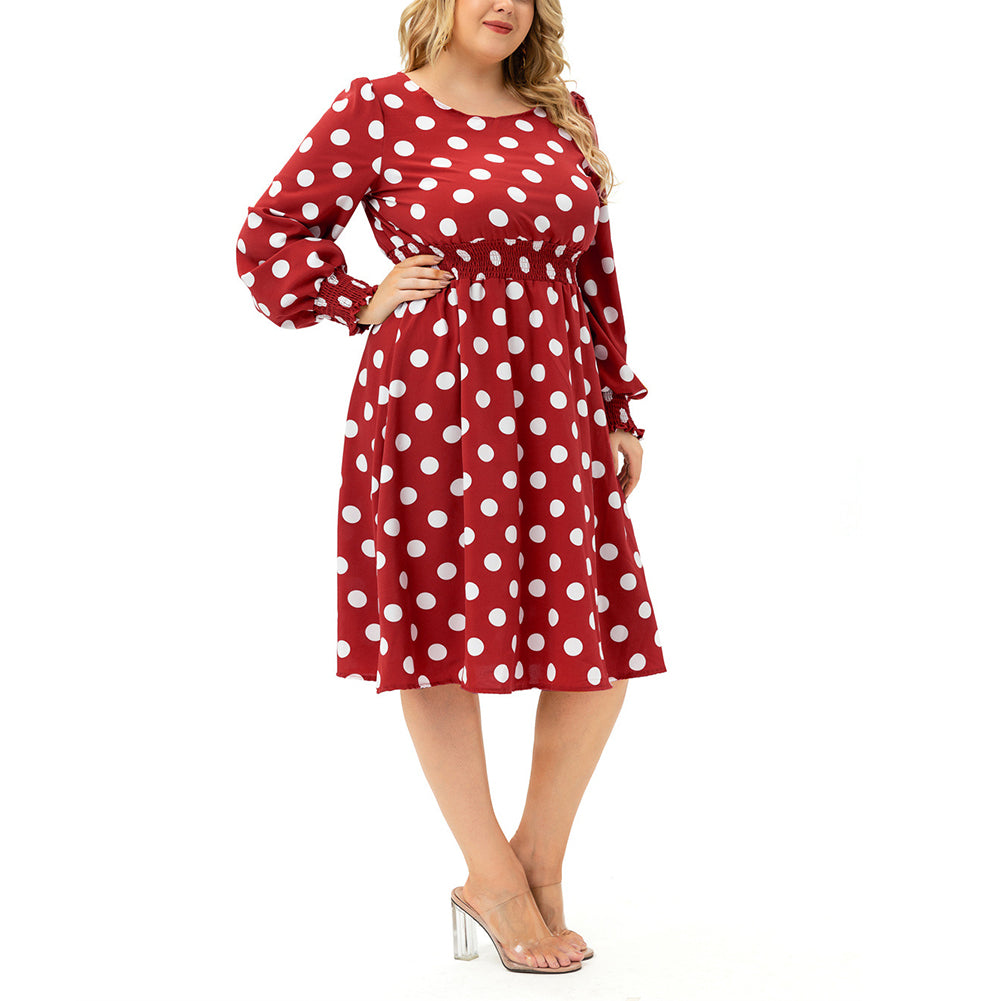 YESFASHION Women Long-sleeved Round Neck Waist Fit Polka-dot Dres