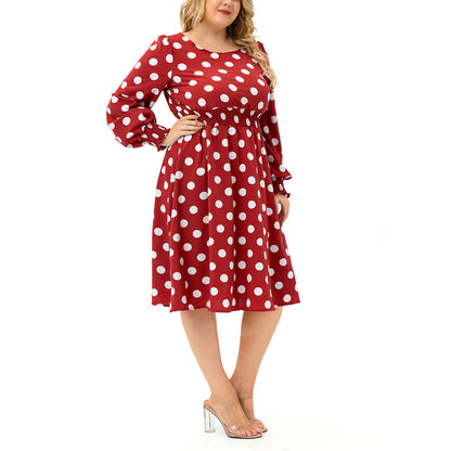 YESFASHION Women Long-sleeved Round Neck Waist Fit Polka-dot Dres