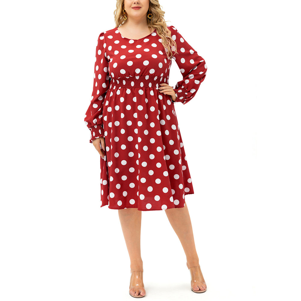 YESFASHION Women Long-sleeved Round Neck Waist Fit Polka-dot Dres