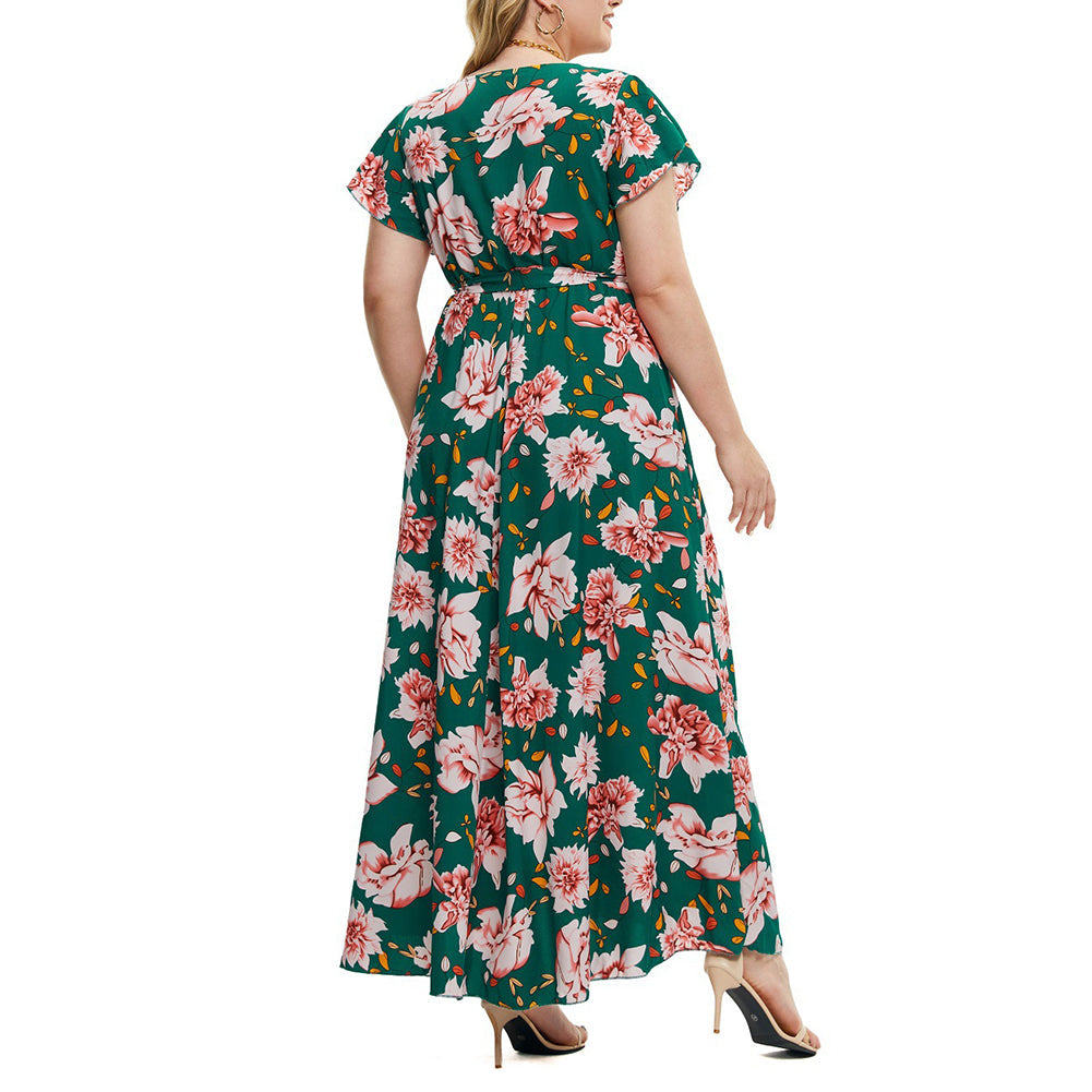 YESFASHION Plus Size Women Summer New Short-sleeved Printed Slit Dress