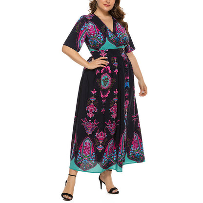 YESFASHION Plus Size Women Dress Bohemian Print Long Skirt