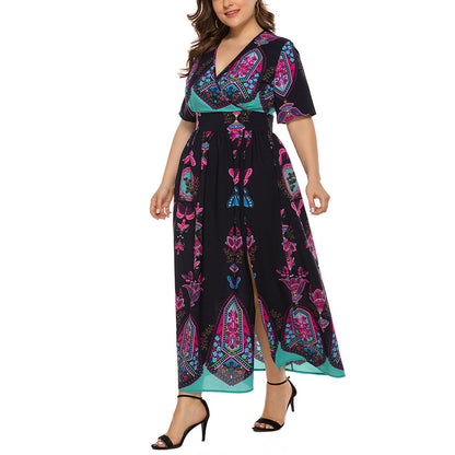 YESFASHION Plus Size Women Dress Bohemian Print Long Skirt