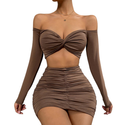 YESFASHION Women Long-sleeved Two-piece Suit Sexy Low-cut Tie-up Skirt