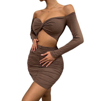 YESFASHION Women Long-sleeved Two-piece Suit Sexy Low-cut Tie-up Skirt