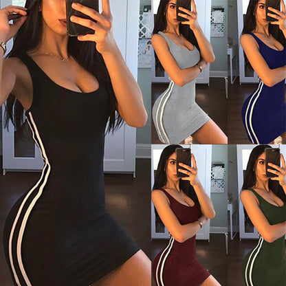 YESFASHION Women Sleeveless Elegant Striped Bodycon Tank Dress