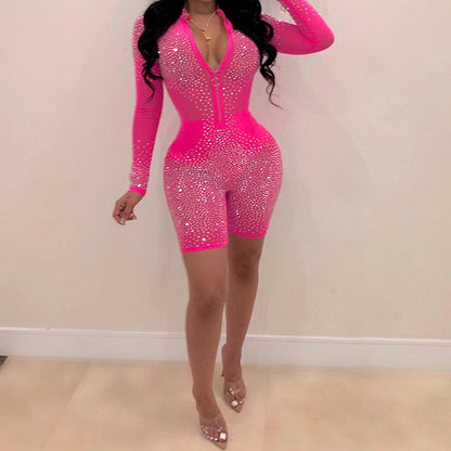 YESFASHION Hot Diamond Mesh Sexy Long Sleeve Party Jumpsuit