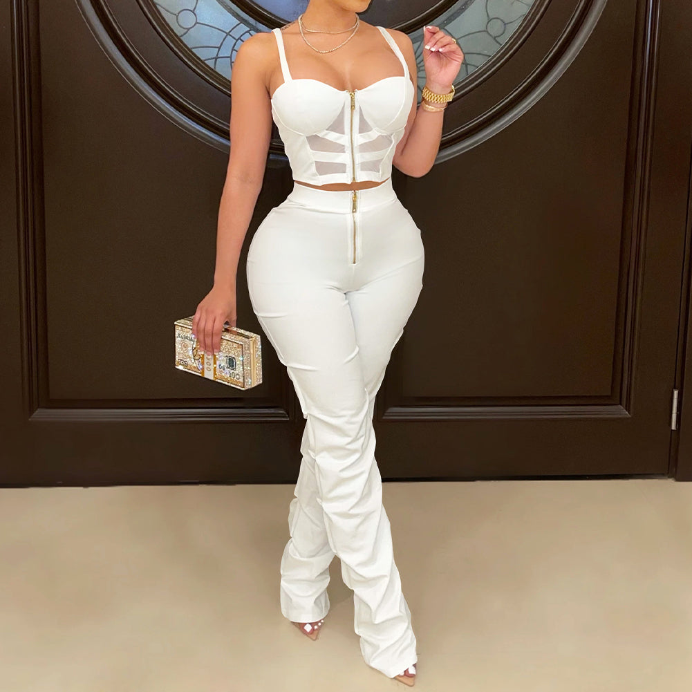 YESFASHION Women Camisole Wrap Chest Zipper Tank Top Trousers Set Suit