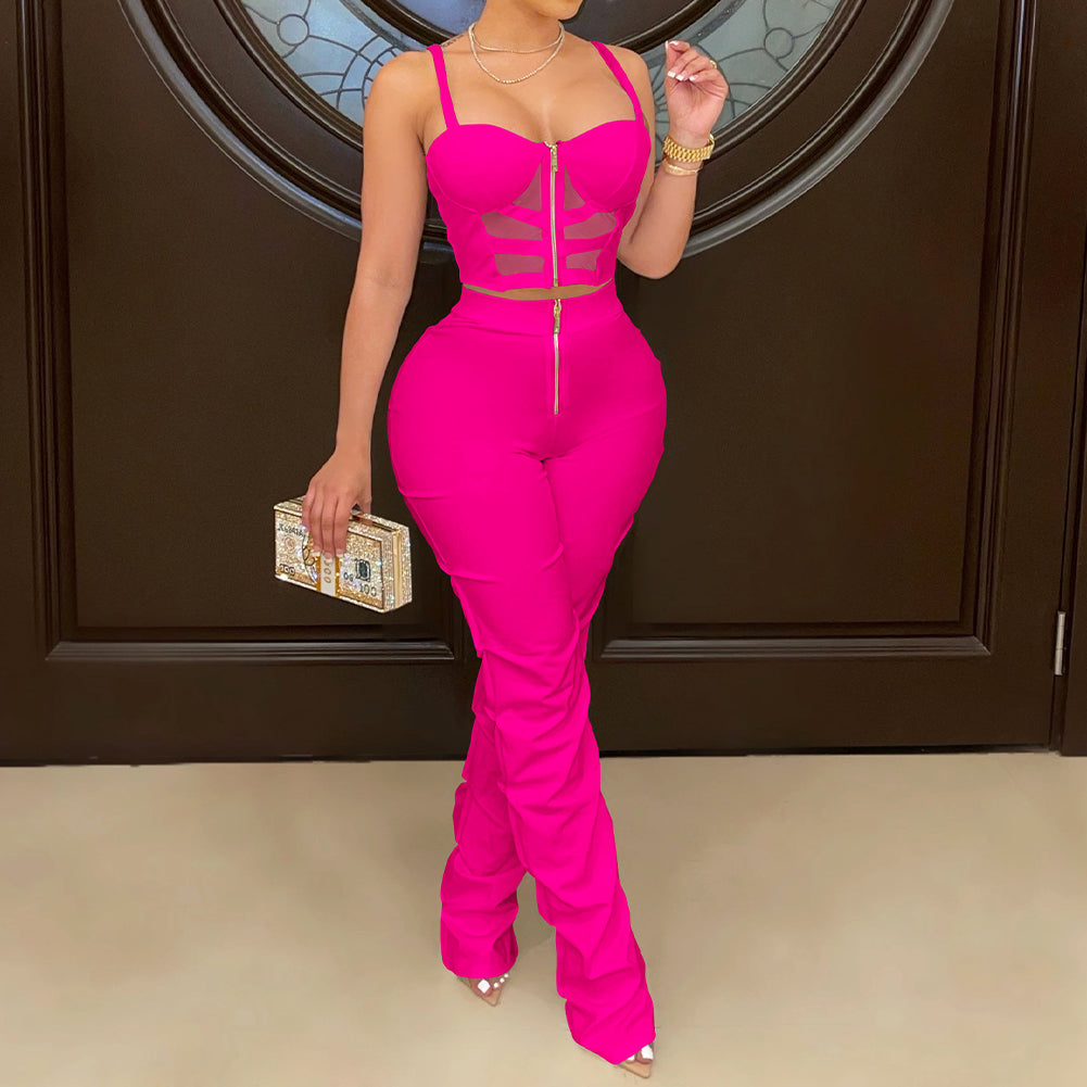 YESFASHION Women Camisole Wrap Chest Zipper Tank Top Trousers Set Suit