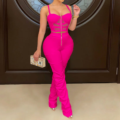 YESFASHION Women Camisole Wrap Chest Zipper Tank Top Trousers Set Suit