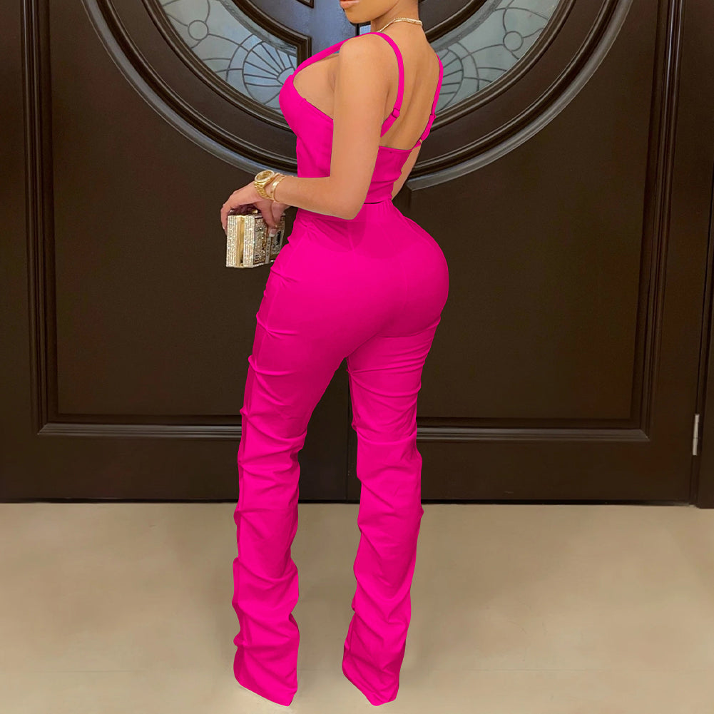 YESFASHION Women Camisole Wrap Chest Zipper Tank Top Trousers Set Suit