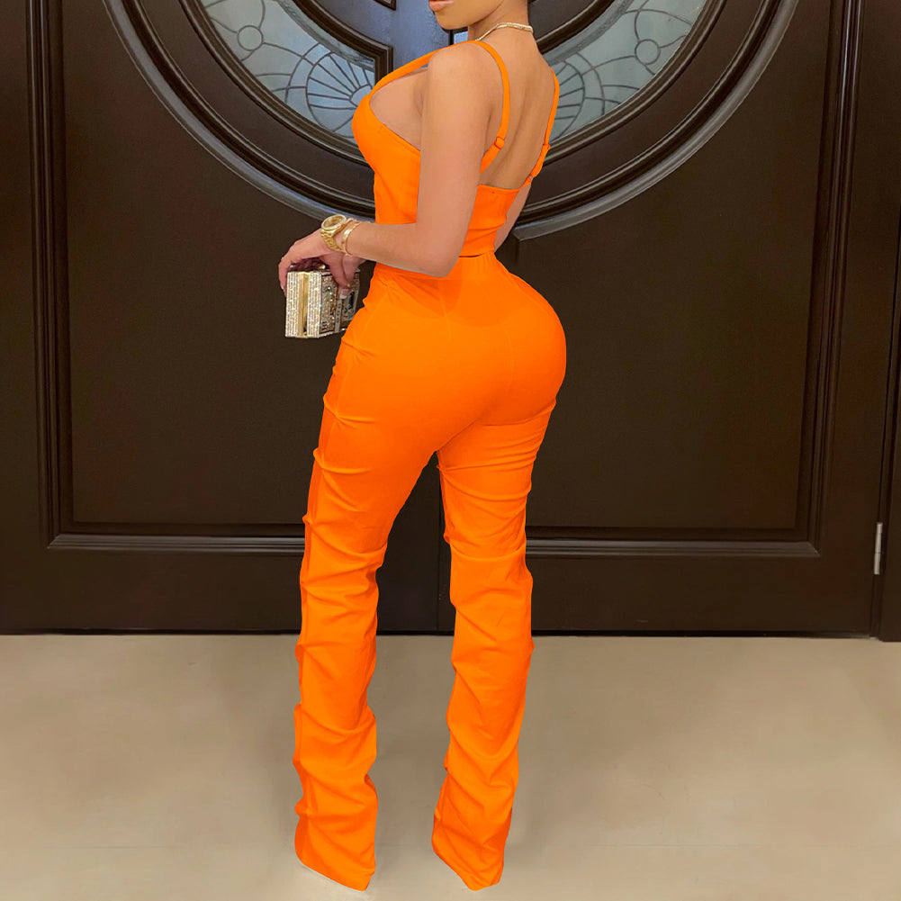 YESFASHION Women Camisole Wrap Chest Zipper Tank Top Trousers Set Suit