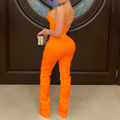 YESFASHION Women Camisole Wrap Chest Zipper Tank Top Trousers Set Suit