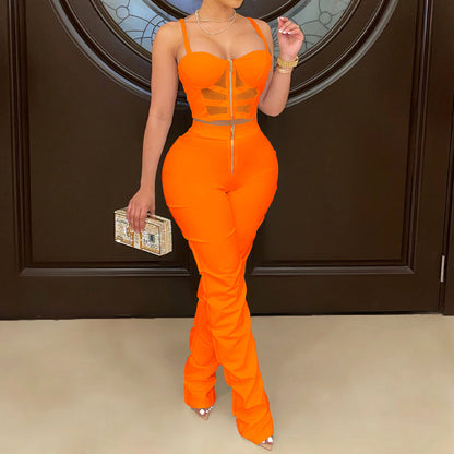 YESFASHION Women Camisole Wrap Chest Zipper Tank Top Trousers Set Suit