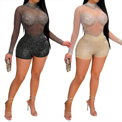 YESFASHION Sexy Nightclub Evening Hot Diamond See-through Jumpsuit Pants