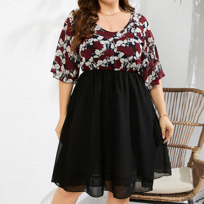 YESFASHION V-neck Plus Size Women Rose Print Chiffon Dress