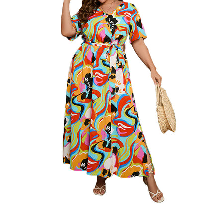 YESFASHION Art Illusion Plus Size Dress Short-sleeved Chiffon Long Dress