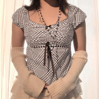 YESFASHION Retro Niche Grid Butterfly Drawstring Strap Tops